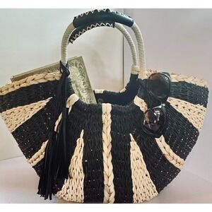 Sun and Sand Black Natural Woven Straw Tote Bag Boho Beach Purse Tassel Summer